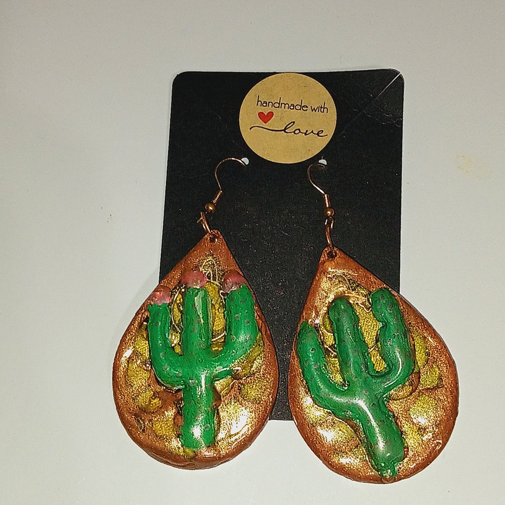 Handmade Green Cactus Teardrop Earrings - Handmade With Love
